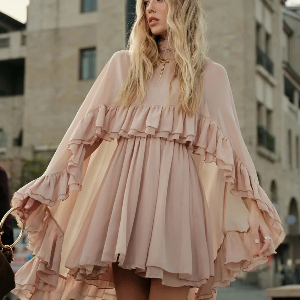 Elegant Black Ruffled Cape Dress - Picture 3 of 4